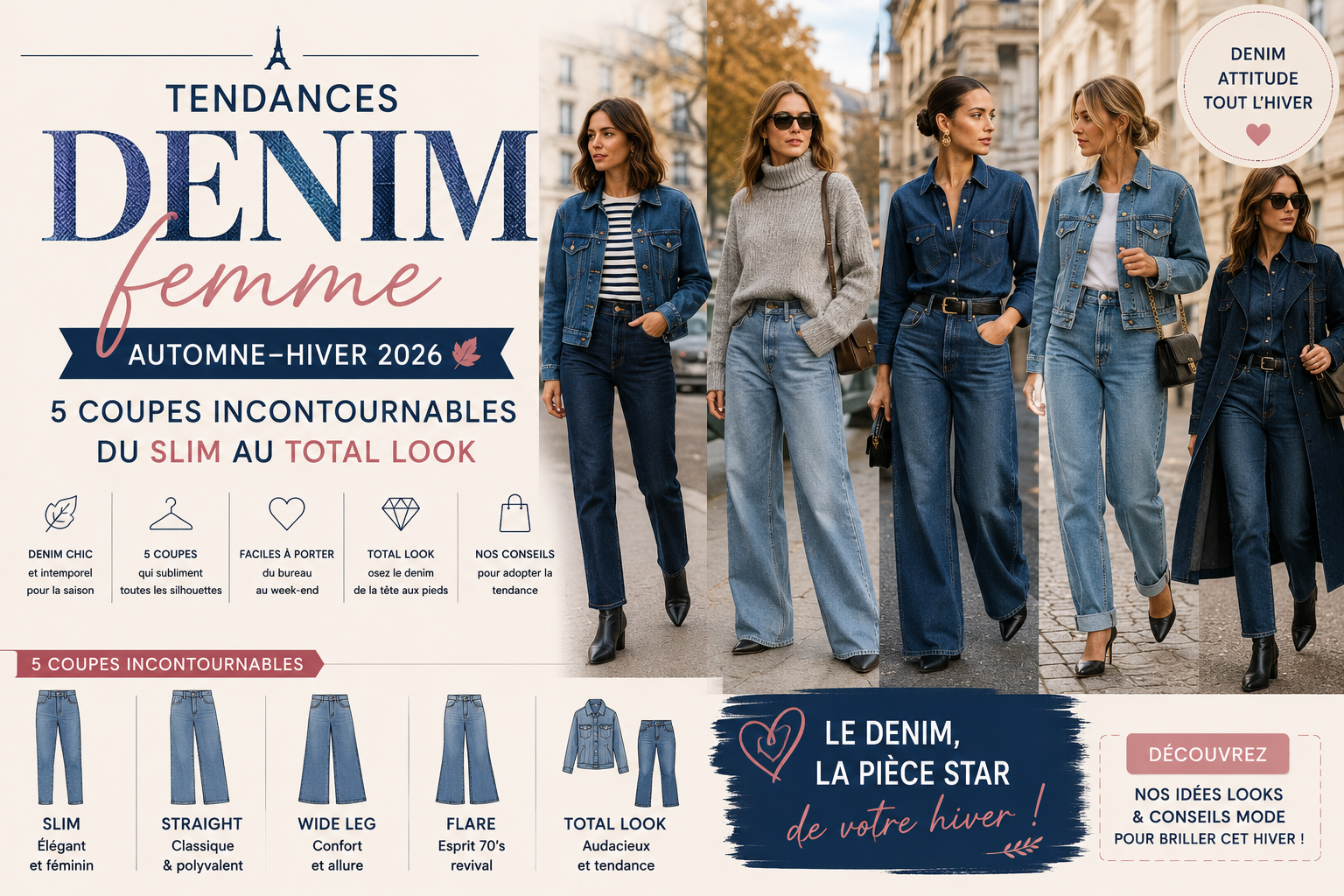 Tendances Denim Femme Automne-Hiver 2026 5 Coupes Incontournables du Slim au Total Look